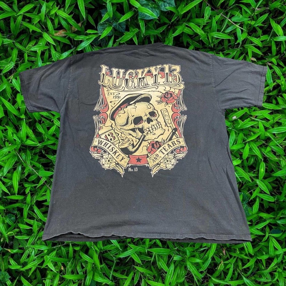 Retro Lucky 13 Skull Pipe Whiskey And Tears Punk Y2K Grunge Rockabilly Biker XL